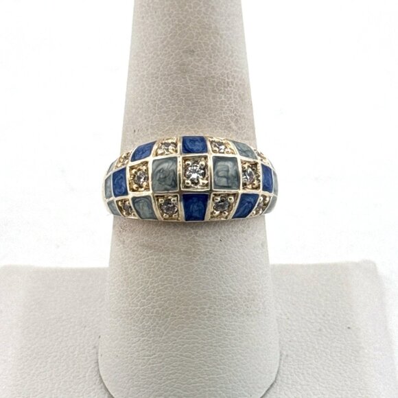 Estate Sterling Silver 925 Dome Ring Size 8 Blue Enamel & Clear Crystal Inlay - Picture 1 of 8